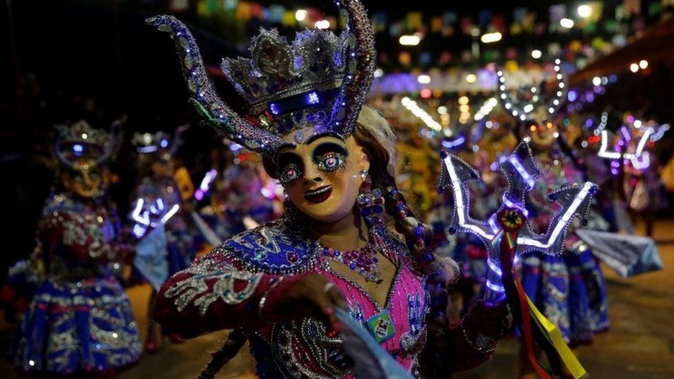 Members of the Diablada Urus group perform during the Carnival parade in Oruro, Bolivia February 10, 2018.