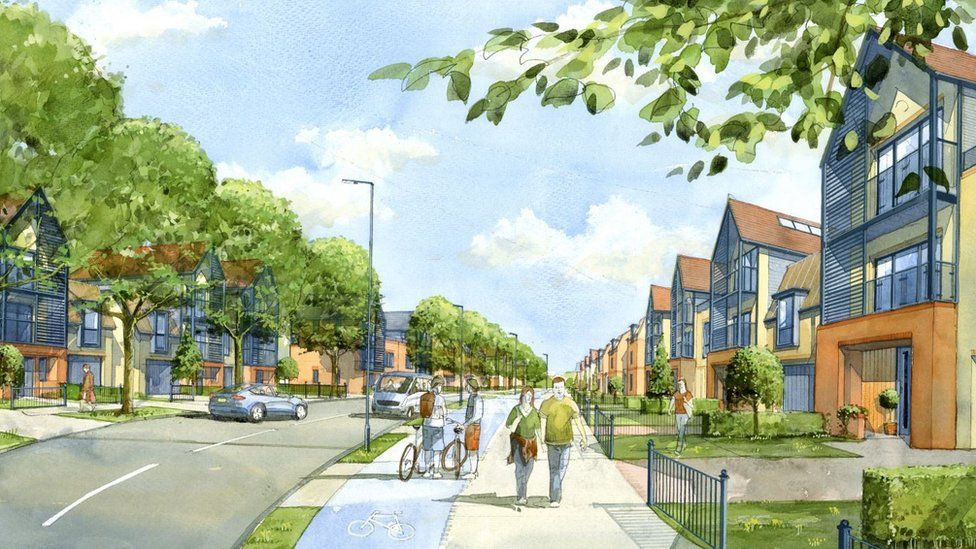 A CGI image of a tree-lined street with modern town houses. Resident are walking and cycling in the foreground