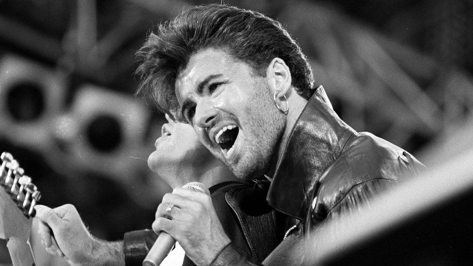 File photo dated 28/06/86 of George Michael on stage for Wham"s last sell out concert at Wembley Stadium in London