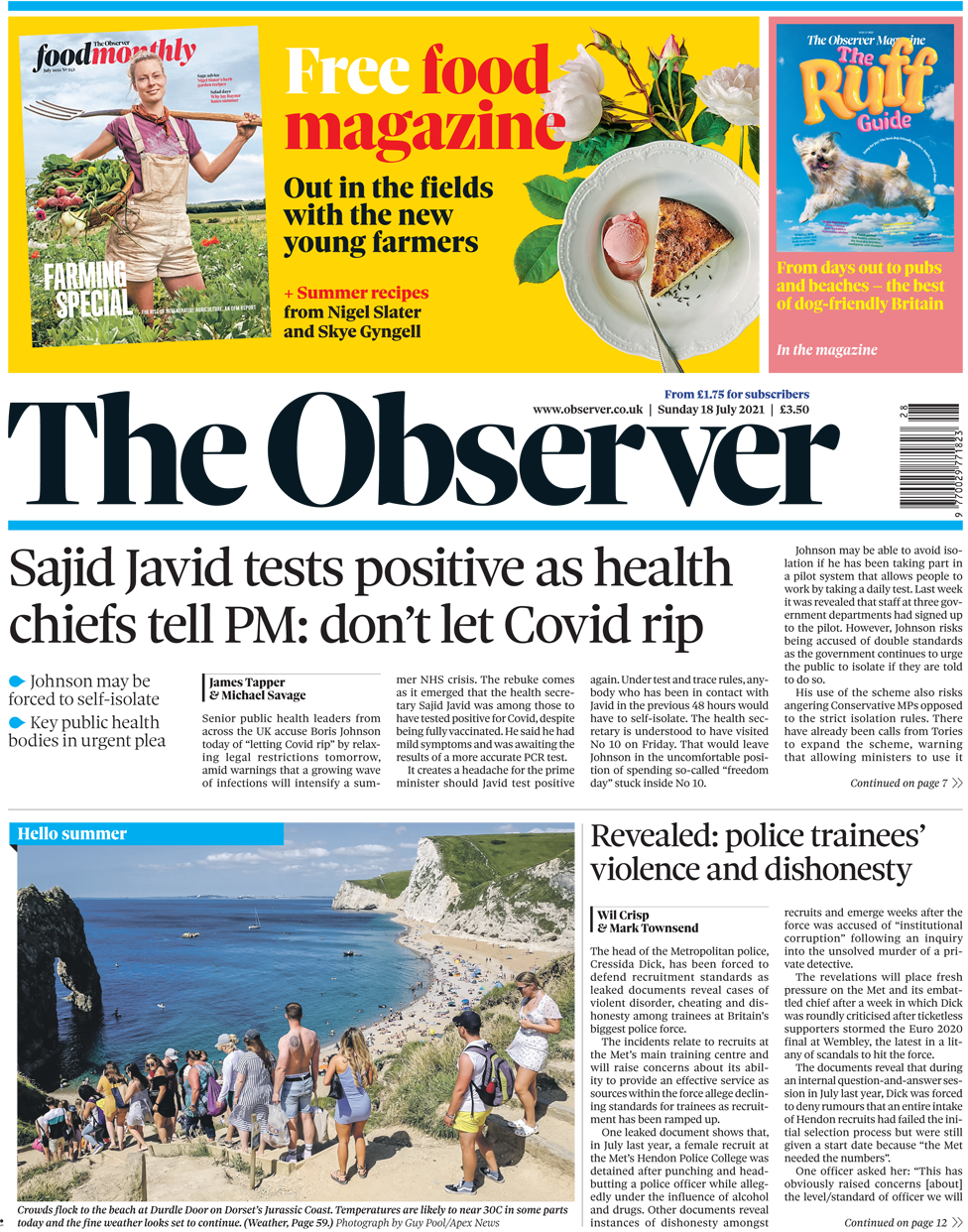 The Observer front page 18 July 2021