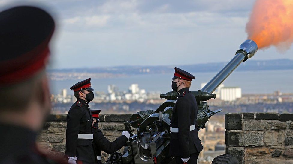 A view of the gun salute at Edinburgh Castle for the Duke of Edinburgh.
