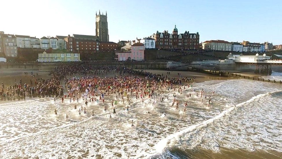 Aerial view of Cromer Boxing Day dip