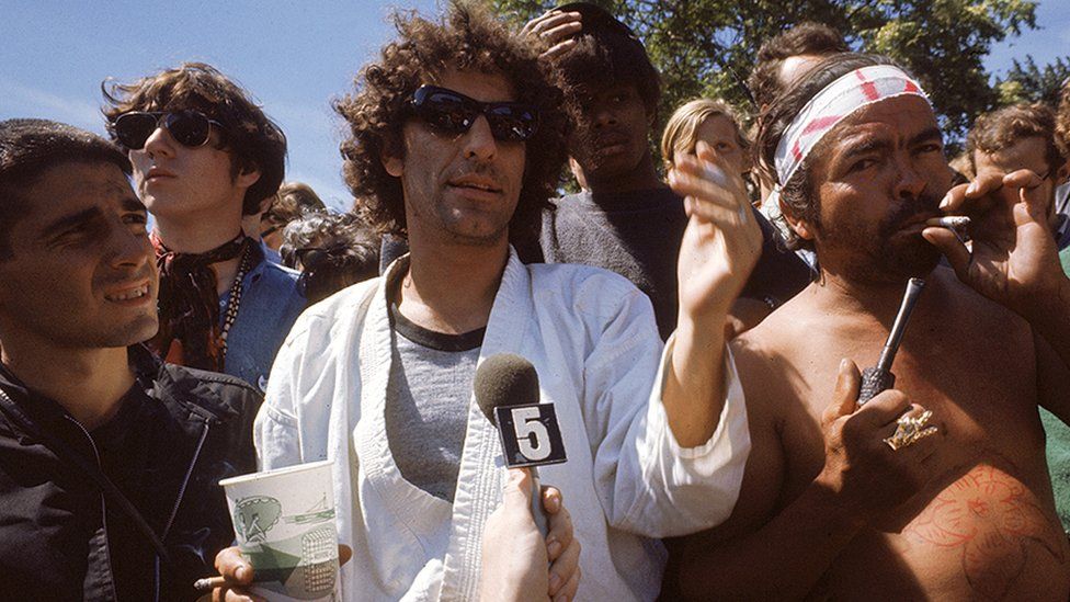 The real political activist Abbie Hoffman with demonstrators in Grant Park, Chicago, protesting outside the Democratic National Convention in August 1968