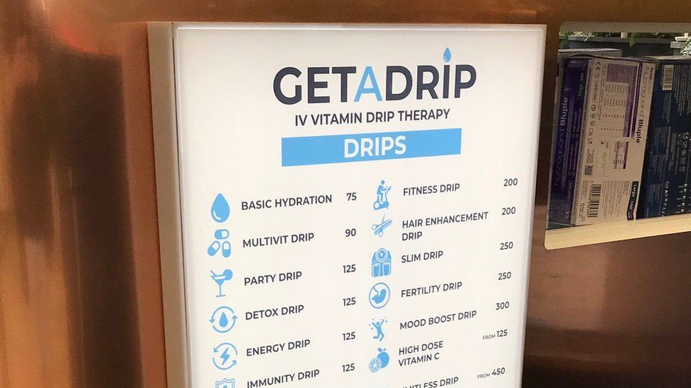 The menu of products at Get A Drip's location in Westfield shopping centre