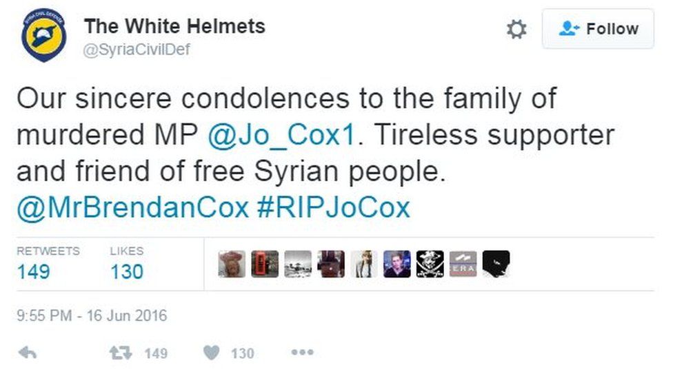 Our sincere condolences to the family of murdered MP @Jo_Cox1 Tireless supporter and friend of free Syria people