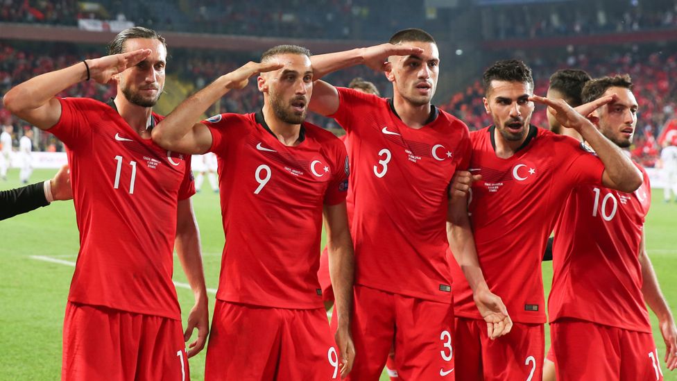 Turkey players saluting, 11 Oct 19 - Cenk Tosun is second from left