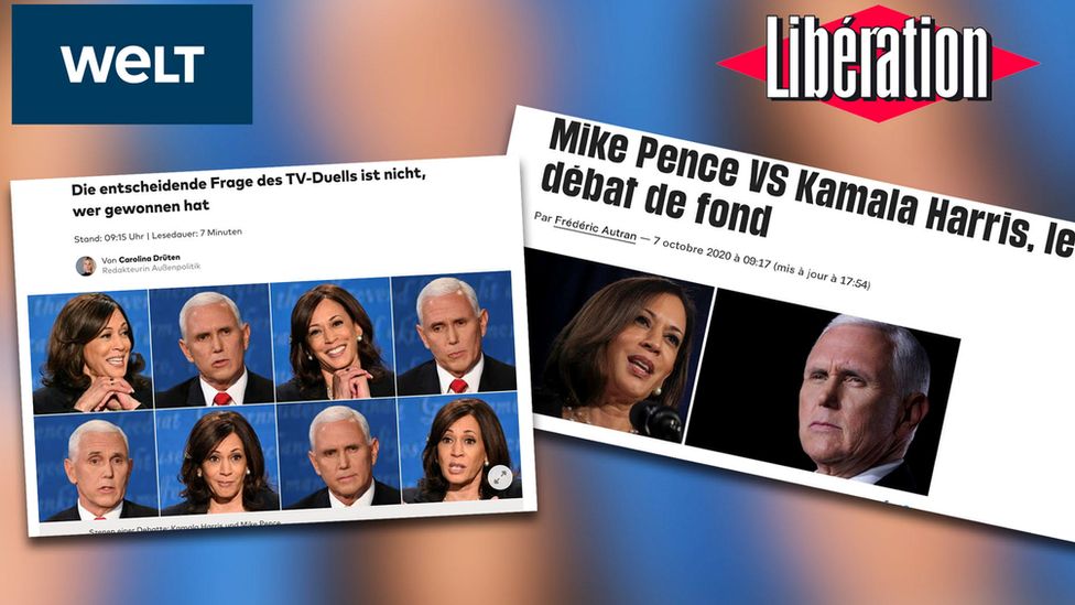 Combination photo of media headlines on Harris-Pence debate