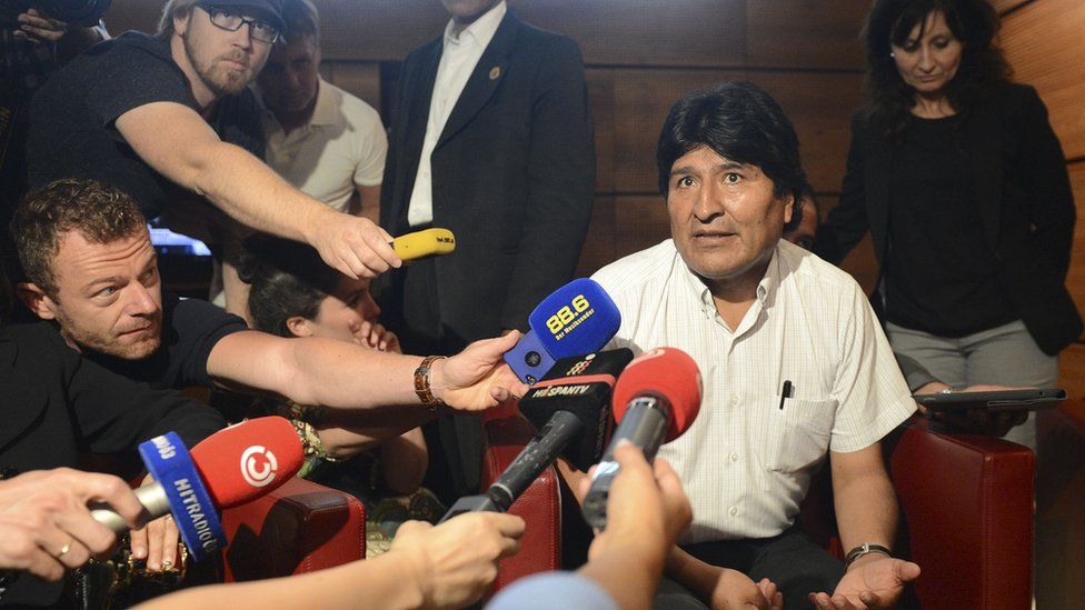 Bolivian President Evo Morales talks to journalists on July 3, 2013 at the airport of Schwechat, near Vienna.