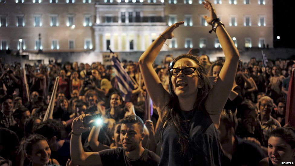 "No" supporters shout slogans during celebrations following the referendum in Athens, Greece 5 July 2015.