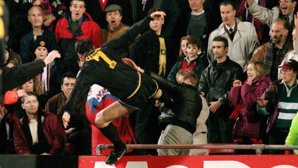 Manchester's Eric Cantona Kung Fu kicks Palace fan Matthew Simmons after being sent off against Crystal Palace in 1995