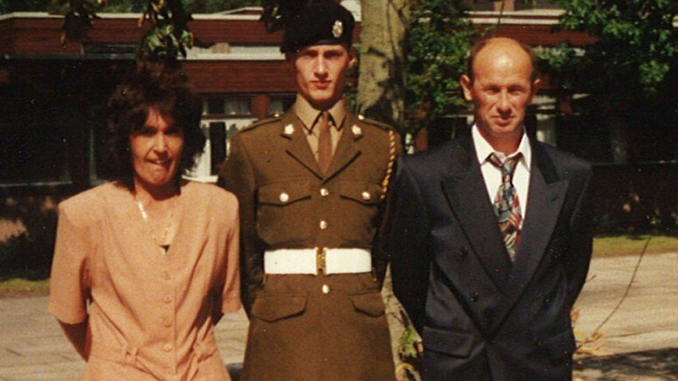 Pte Sean Benton with his parents at his passing out at Pirbright Barracks in 1994