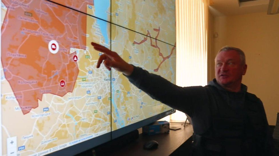 Gen Sergiy Knyazev tracked Russia's military moving towards Kyiv on a big interactive screen at their army base