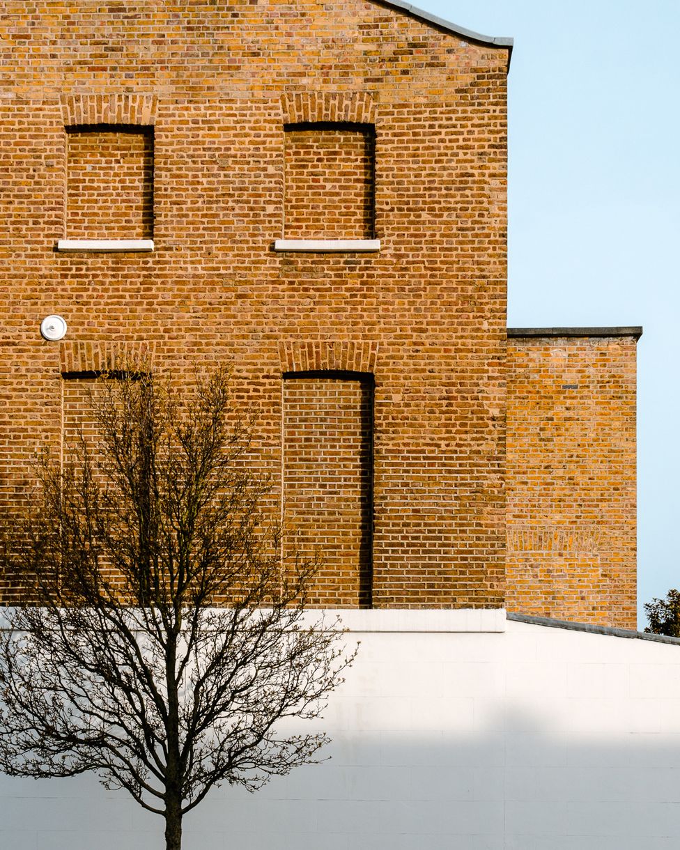 Четыре кирпичных окна в здании, рядом с которым растет дерево, Scarsdale Villas, Лондон