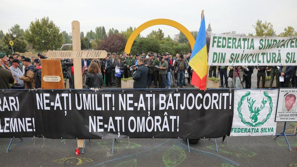 Forestry unionists protested outside parliament in Bucharest in September 2019 over lack of resources and safety