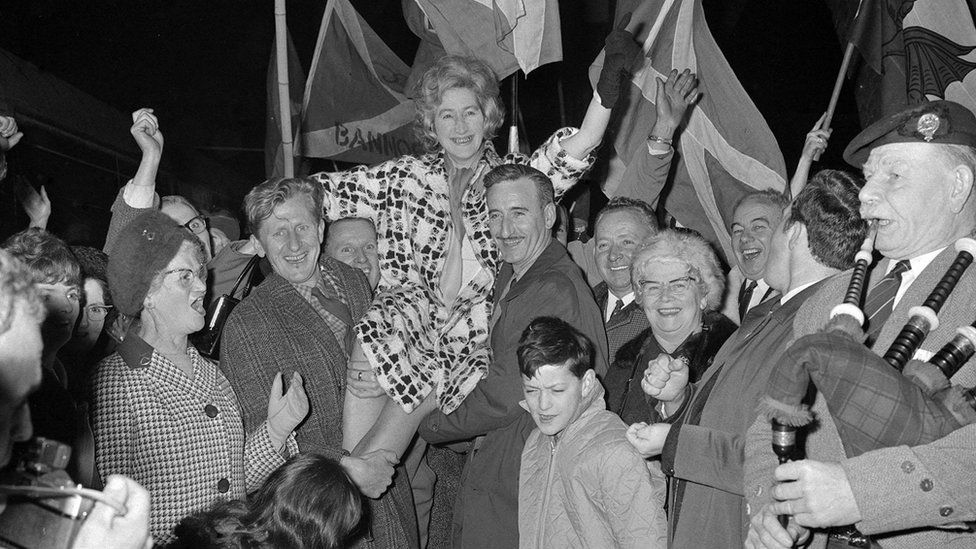 Winnie Ewing arrives in London after her victory in 1967