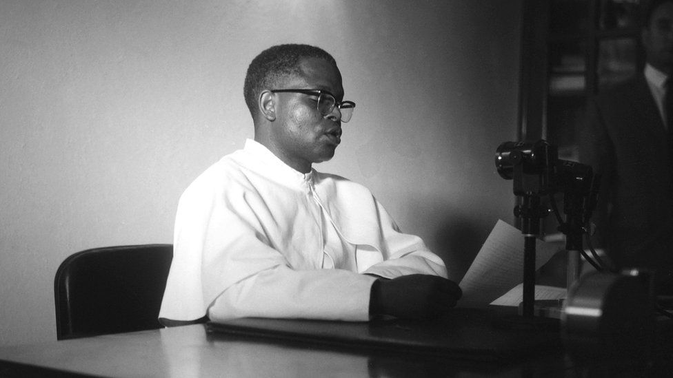 President of Congo, Abbot Fulbert Youlou, makes a radio address during the night of 13-14 August 1963 during violent riots and strikes calling for his resignation.
