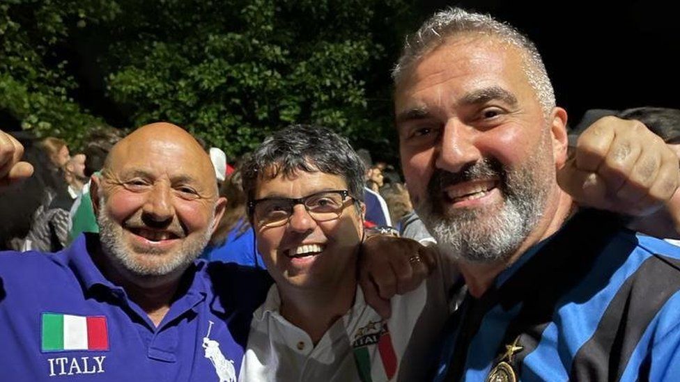 Liberato Lionetti, right, at the celebrations at Bedford's Embankment with his friends Greg and Ciccio