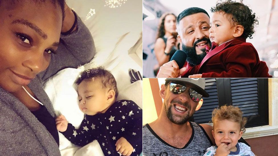 Clockwise from left: Serena Williams with Alexis, DJ Khaled with Asahd and Michael Phelps with Boomer