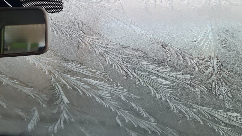 Ice forms branch-like patterns on a car windscreen
