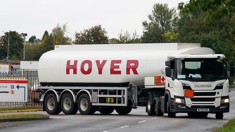 A fuel tanker leaving a Shell Oil depot in Warwickshire