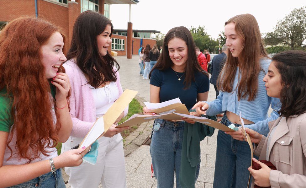 Girls at Regent House School in Newtownards discuss their A-level results