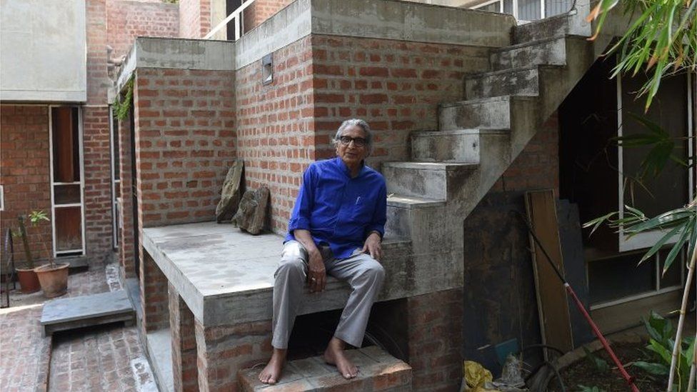 Indian architect Balkrishna Doshi, 90, poses at his residence in Ahmedabad on March 8, 2018