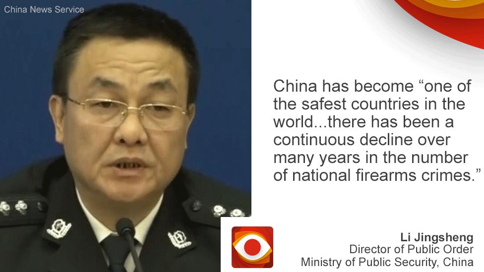 Chinese official on left, quote: China has become "one of the safest countries in the world..." on right
