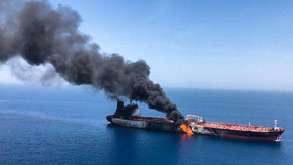 Oil tanker on fire following an attack in the Gulf of Oman on 13 June