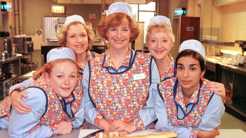 Dinnerladies cast Maxine Peake as Twinkle, Anne Reid as Jean, Victoria Wood as Bren, Thelma Barlow as Dolly and Shobna Gulati as Anita