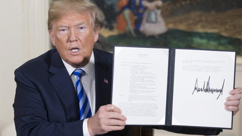 US President Donald Trump delivers his decision to pull of an international nuclear agreement with Iran