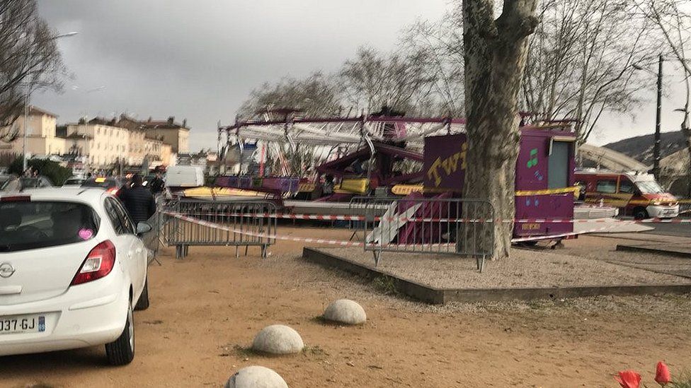 scene of fairground accident in southern France, Nueville-sur-Saone, 31 March 2018
