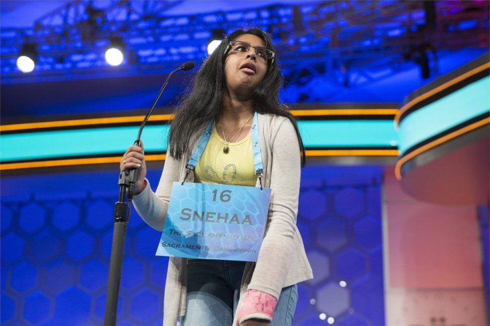 Snehaa Ganesh Kumar, of Folsom, California, reacts after correctly spelling "rhinolophid", during the 2016 Scripps National Spelling Bee, in National Harbor, Maryland, USA, 26 May 2016.