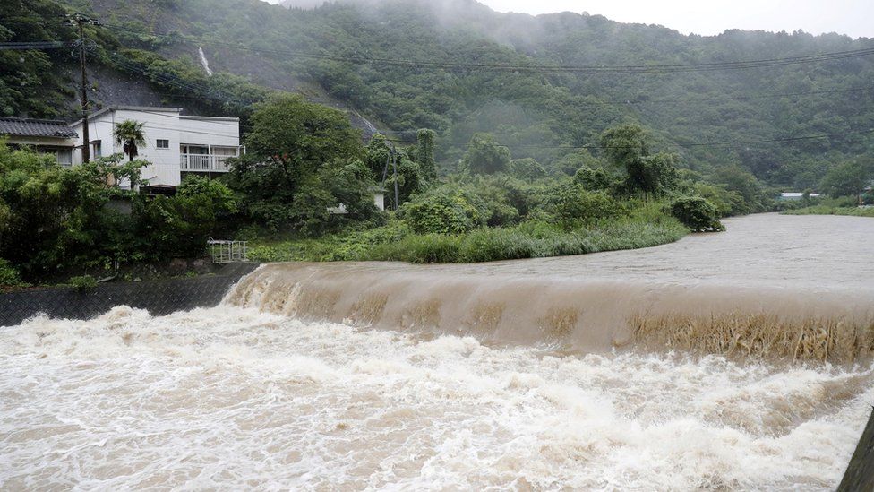 The Futami River is swollen due to heavy rain in Yatsushiro, Kumamoto Prefecture, Kyushu island