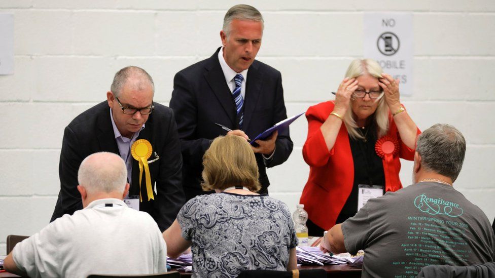 Party activists observe ballots being tallied at a counting centre for Britain's general election in Hastings, 8 June 2017.