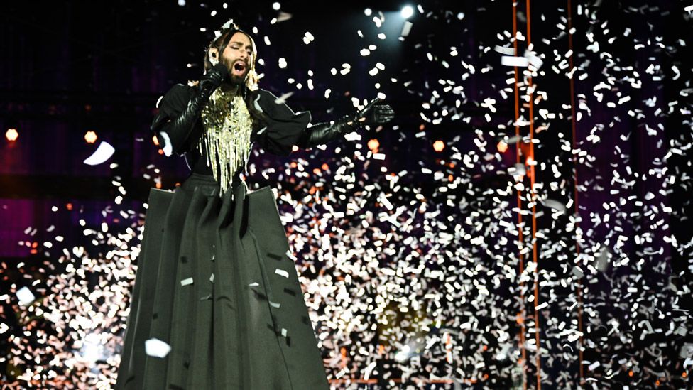 Conchita Wurst on stage at the National Lottery's Big Eurovision Welcome concert in Liverpool on 7 May 2023