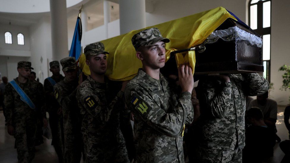 Honour guard servicemen carry the coffin of Andrii Pilshchykov at the Patriarchal Cathedral of the Resurrection of Christ in Kyiv. Photo: 29 August 2023