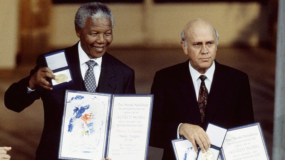 Nelson Mandela and FW de Klerk receive Nobel Peace Prize
