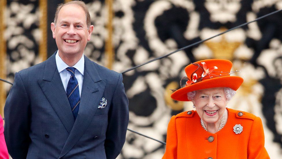 Prince Edward, Earl of Wessex (Vice-Patron of the Commonwealth Games Federation) and Queen Elizabeth II (Patron of the Commonwealth Games Federation) attend the launch of the Queen's Baton Relay for Birmingham 2022, the XXII Commonwealth Games at Buckingham Palace on October 7, 2021 in London,