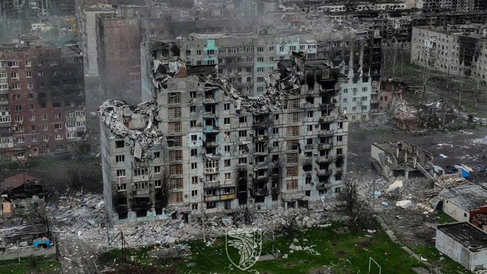 An aerial view shows destruction in the frontline town of Bakhmut, in this handout picture released on May 21, 2023.