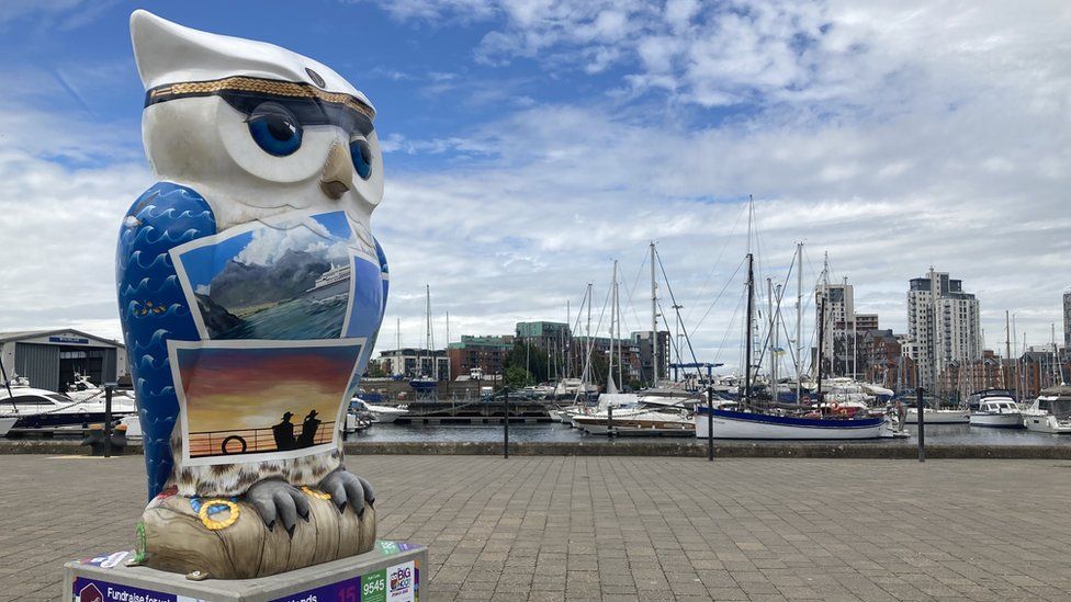 A painted owl sculpture at Ipswich Waterfront