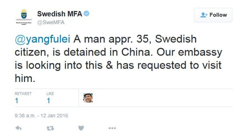 Screencap of Swedish MFA tweet on 12 January 2016 saying: "A man appr. 35, Swedish citizen, is detained in China. Our embassy is looking into this & has requested to visit him."
