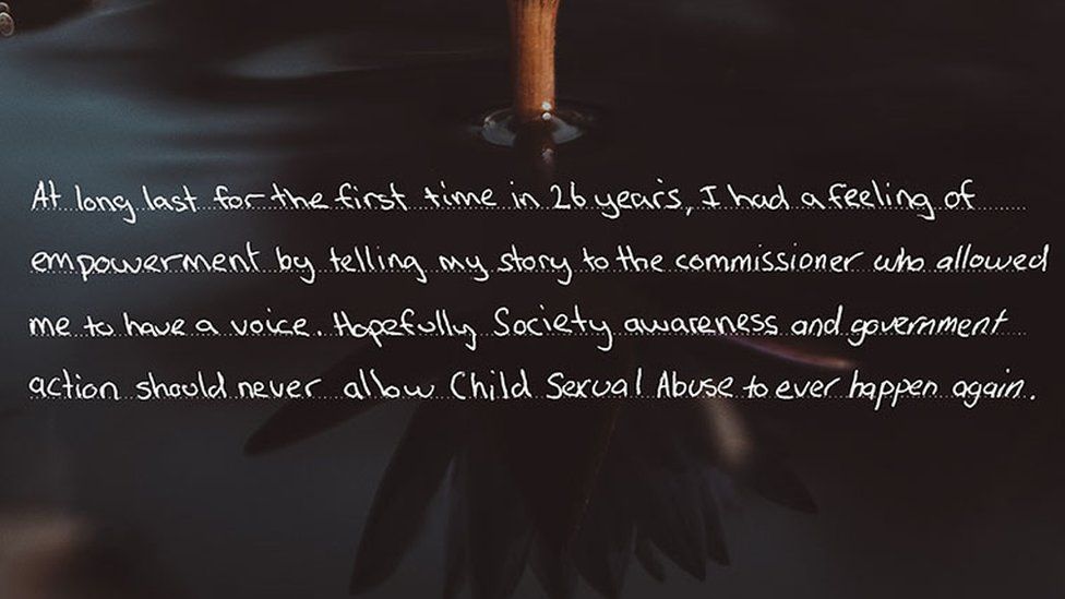 A message from a survivor reads: "At long last for the first time in 26 years, I had a feeling of empowerment by telling my story to the commissioner who allowed me to have a voice."