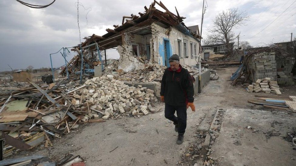 Destroyed building in village in Kyiv Oblast