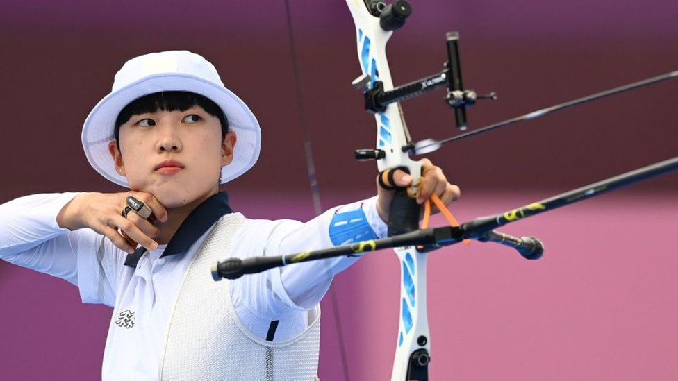 South Korea's An San competes in the women's individual eliminations during the Tokyo 2020 Olympic Games