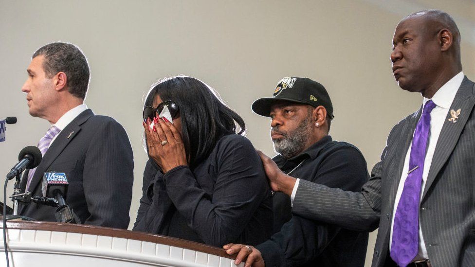 The mother of Tyre Nichols, second from left, at a press conference after she viewed footage encounter that led to her son's death. Also pictured from left: attorney Antonio Romanucci, husband Rodney Wells, and attorney Ben Crump
