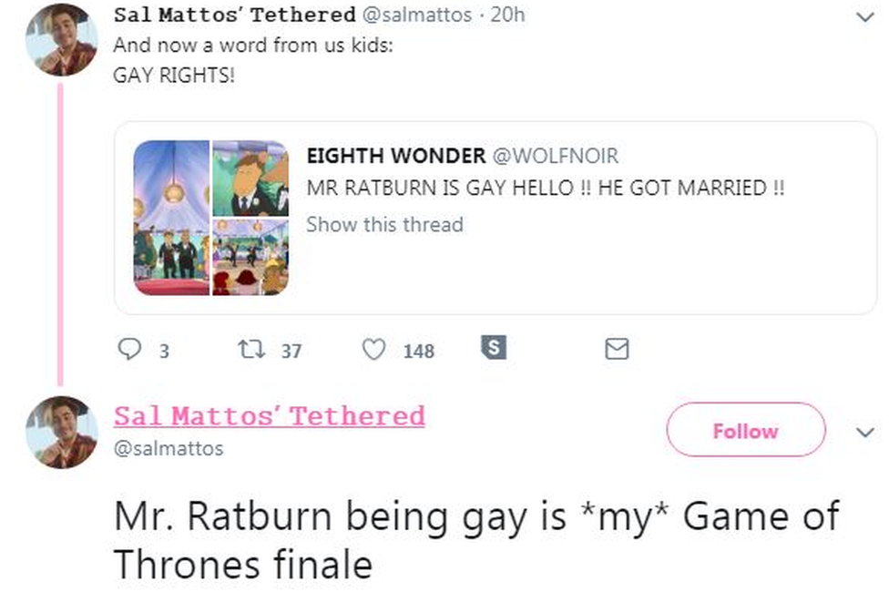 Twitter user Salmattos says Mr Ratburn being gay is my Game of Thrones finale