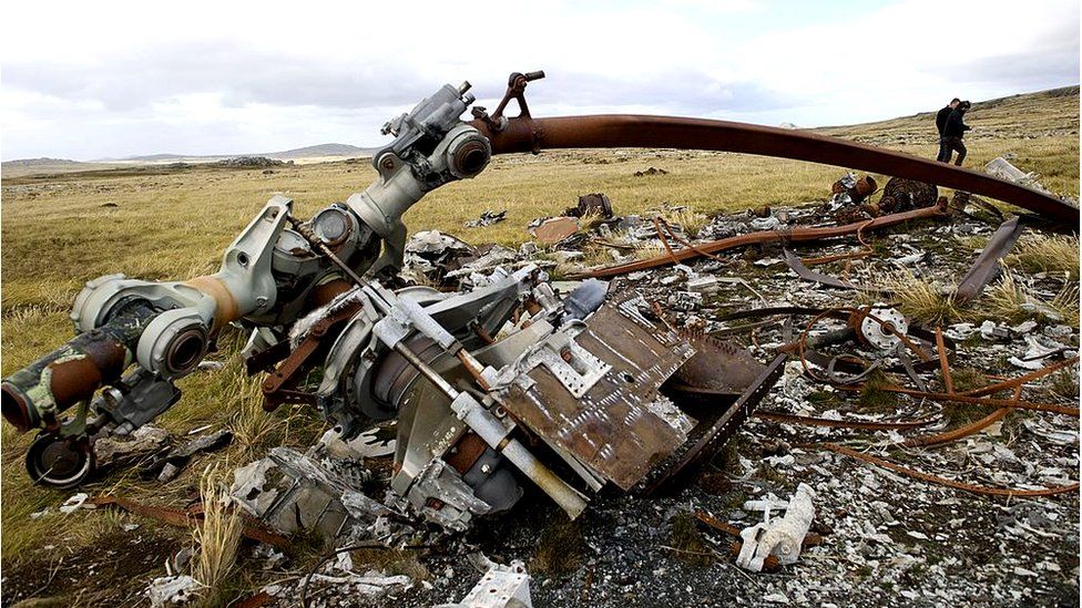 View of the wreckage of an Argentine helicopter used during the 1982 conflict, near Port Stanley