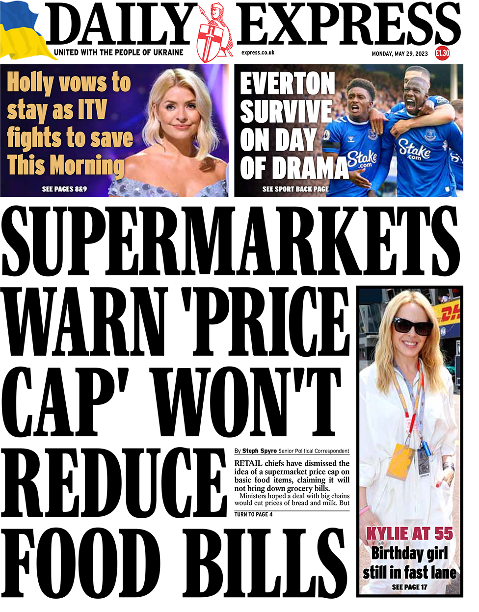 The headline on the front page of the Daily Express reads "Supermarkets warn 'price cap' won't reduce food bills"