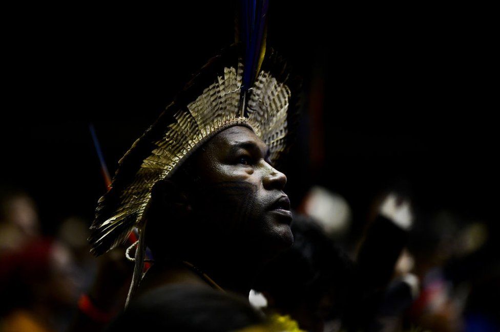 Brazilian Indigenous people from various ethnic groups attend a session at the National Congress in the framework of the Acampamento Terra Livre (Free Land Camp) in Brasilia on April 23, 2024.
