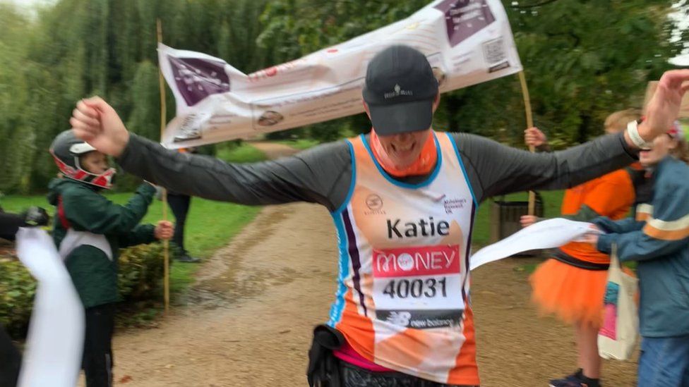 Katie Thomas finishing the virtual London Marathon in October